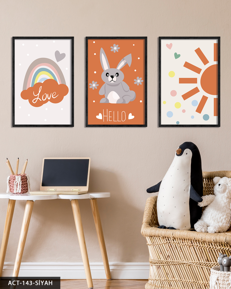 Hayvan Temalı Çocuk Odası 3 Parça Ahşap Çerçeveli Tablo ACT Siyah - 50 x 70 CM