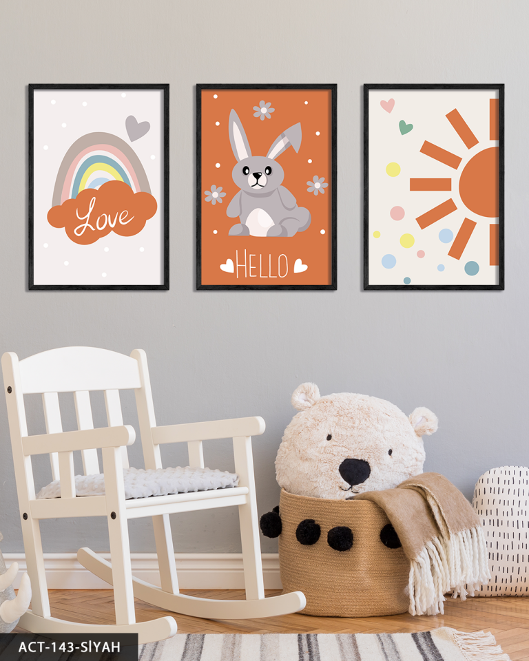Hayvan Temalı Çocuk Odası 3 Parça Ahşap Çerçeveli Tablo ACT Siyah - 50 x 70 CM