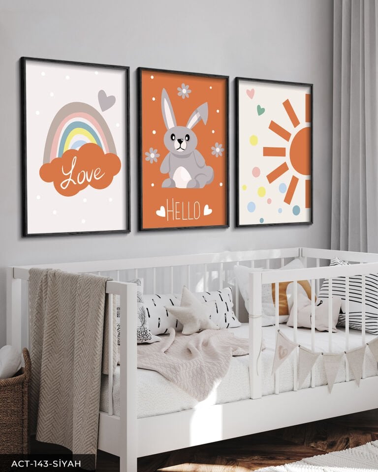 Hayvan Temalı Çocuk Odası 3 Parça Ahşap Çerçeveli Tablo ACT Siyah - 50 x 70 CM
