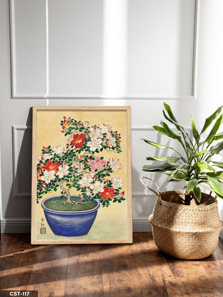 Saksıdaki Çiçek illüstrasyon Tek Parça Ahşap Çerçeveli Tablo Naturel - 30 x 40 CM