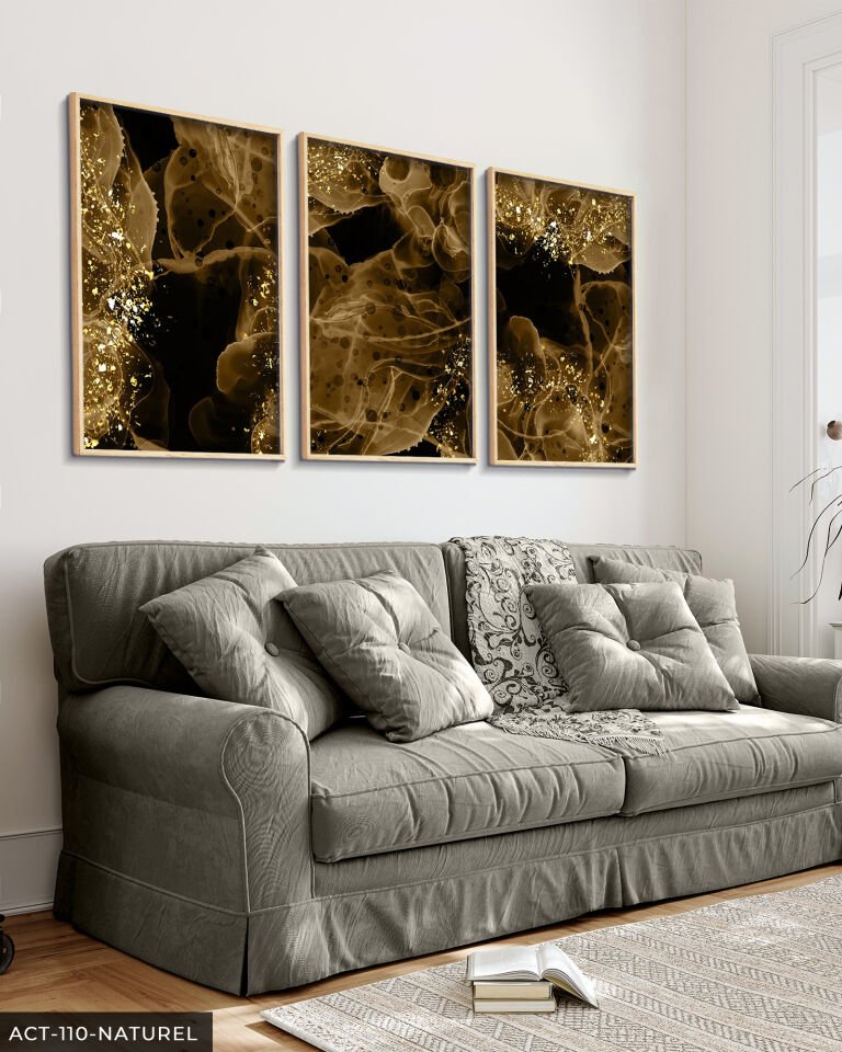 Gold Detaylı Şekiller 3 Parça Ahşap Çerçeveli Tablo ACT Naturel - 40 x 60 CM