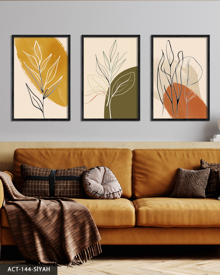 Minimalist Botanik Sanat 3 Parça Ahşap Çerçeveli Tablo ACT Siyah - 50 x 70 CM