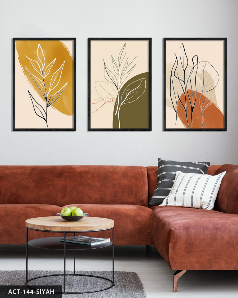 Minimalist Botanik Sanat 3 Parça Ahşap Çerçeveli Tablo ACT Siyah - 50 x 70 CM