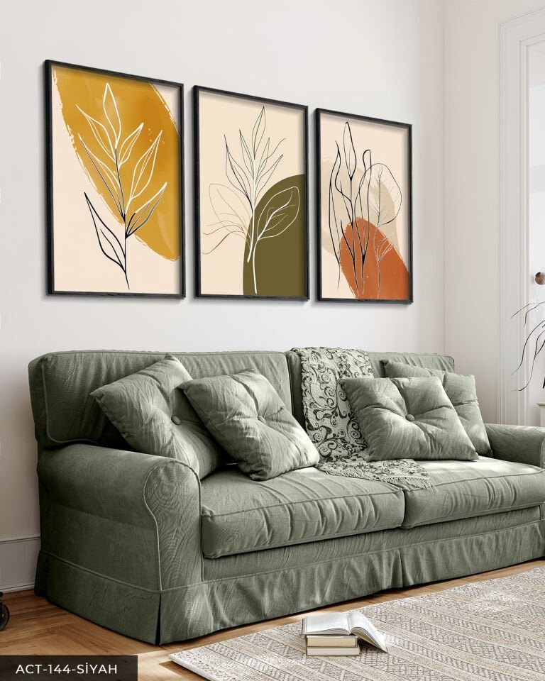 Minimalist Botanik Sanat 3 Parça Ahşap Çerçeveli Tablo ACT Siyah - 50 x 70 CM