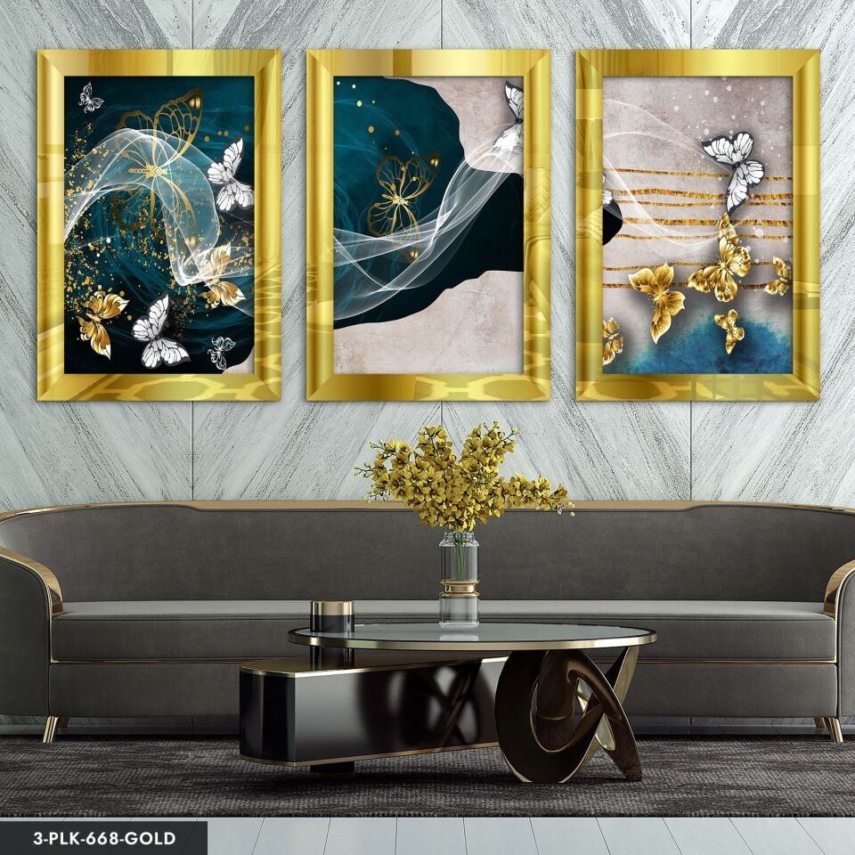 Gold ve Beyaz Kelebek 3 Parça Pleksi Aynalı Tablo 20 x 30 CM - Gold