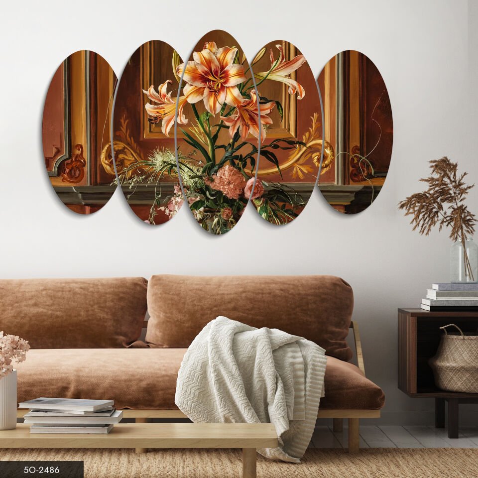 Vintage Turuncu Zambak 5 Parça Mdf Tablo 60x100 CM