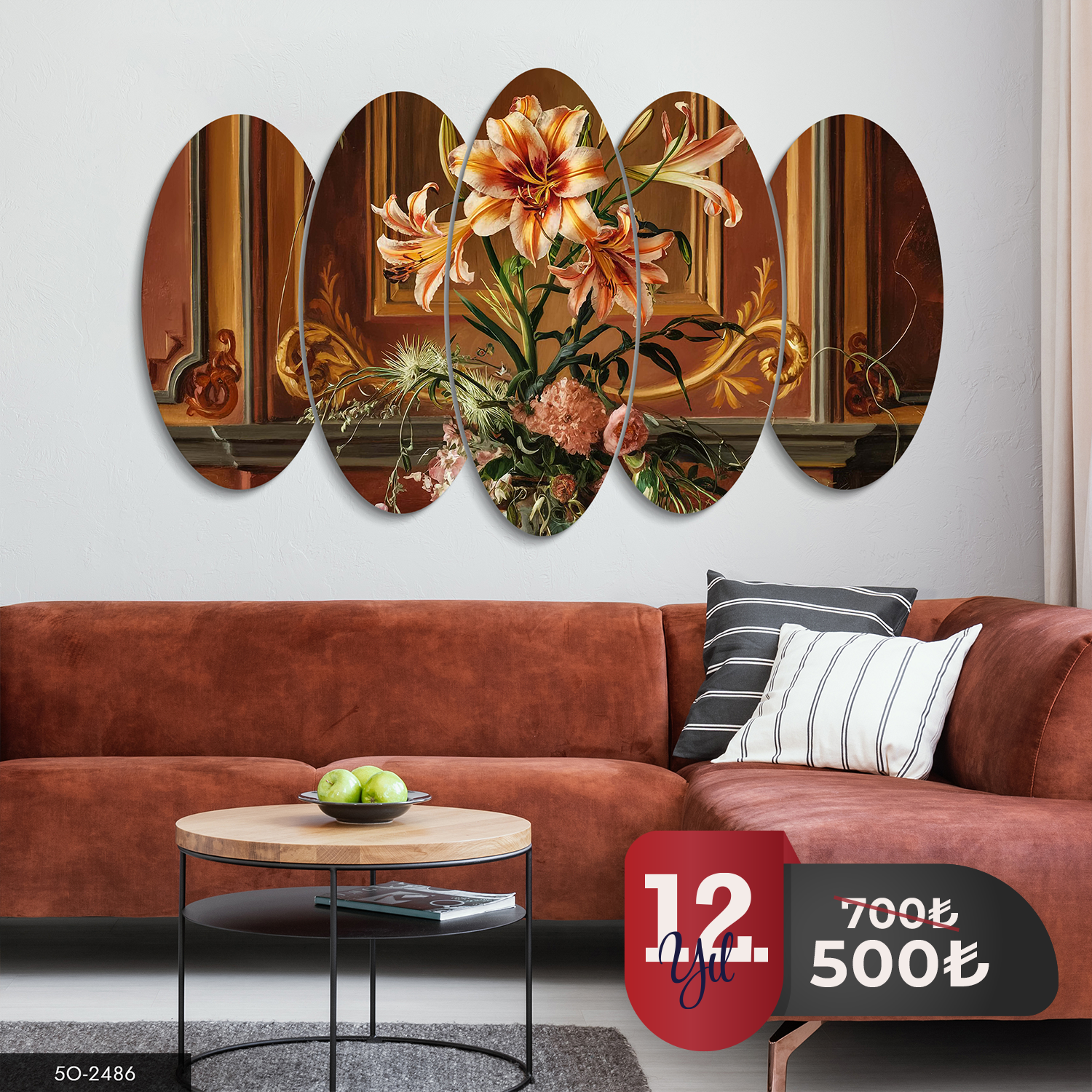 Vintage Turuncu Zambak 5 Parça Mdf Tablo 60x100 CM