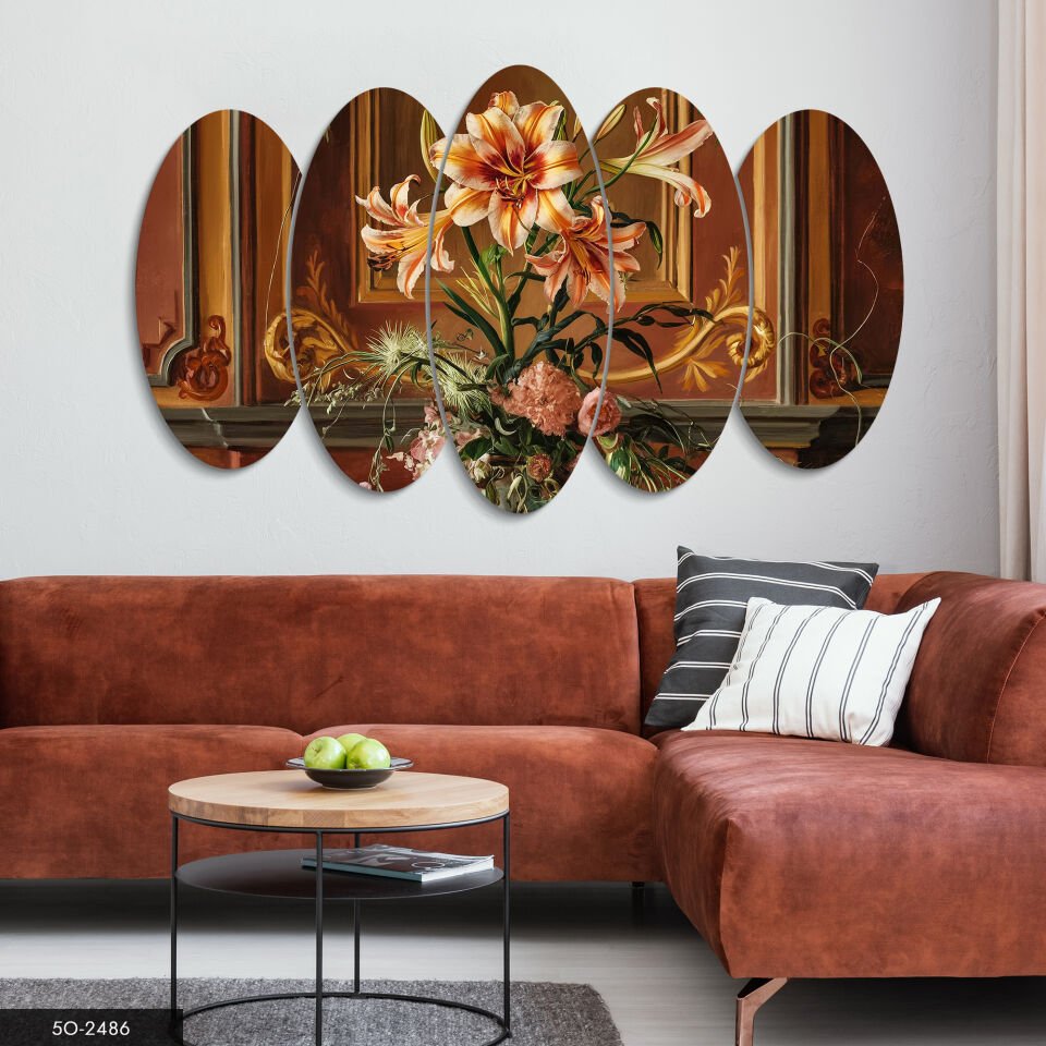 Vintage Turuncu Zambak 5 Parça Mdf Tablo 60x100 CM