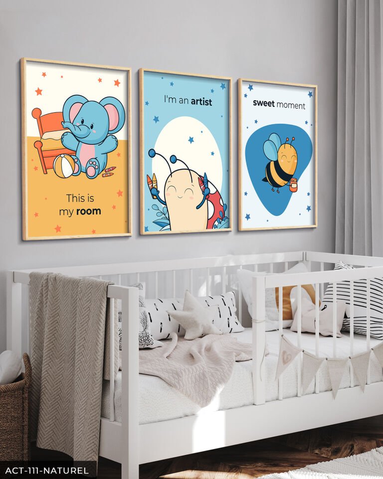 Hayvan Temalı Çocuk Odası 3 Parça Ahşap Çerçeveli Tablo ACT Naturel - 40 x 60 CM