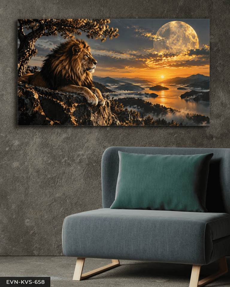 Gündoğumunda Aslan Tek Parça Kanvas - Canvas Tablo