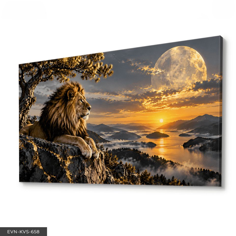 Gündoğumunda Aslan Tek Parça Kanvas - Canvas Tablo