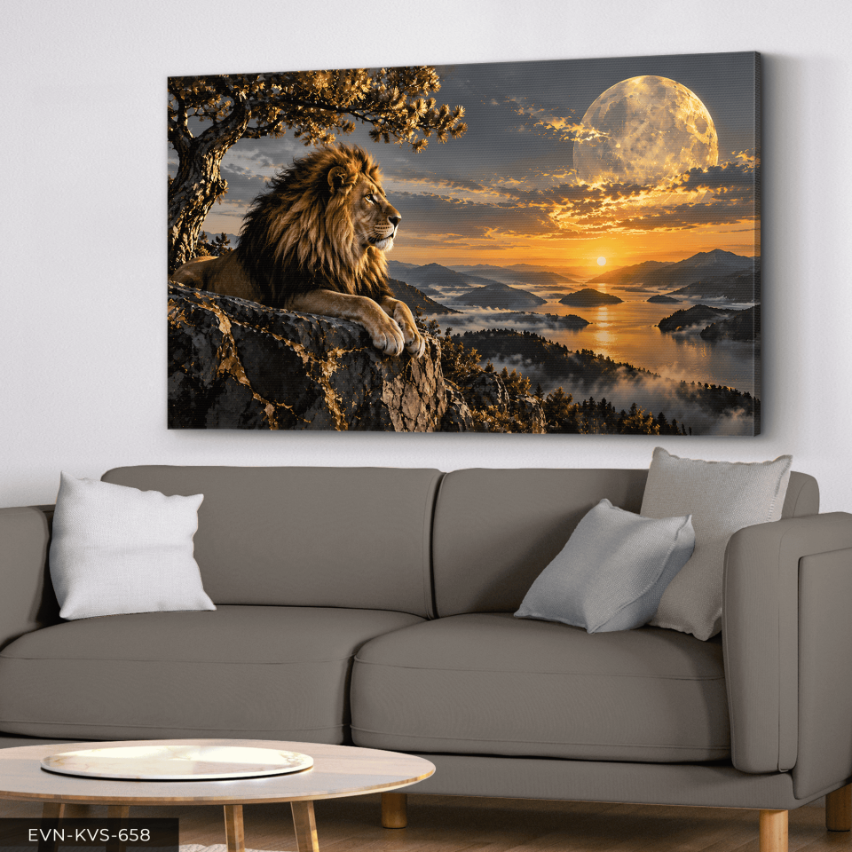 Gündoğumunda Aslan Tek Parça Kanvas - Canvas Tablo