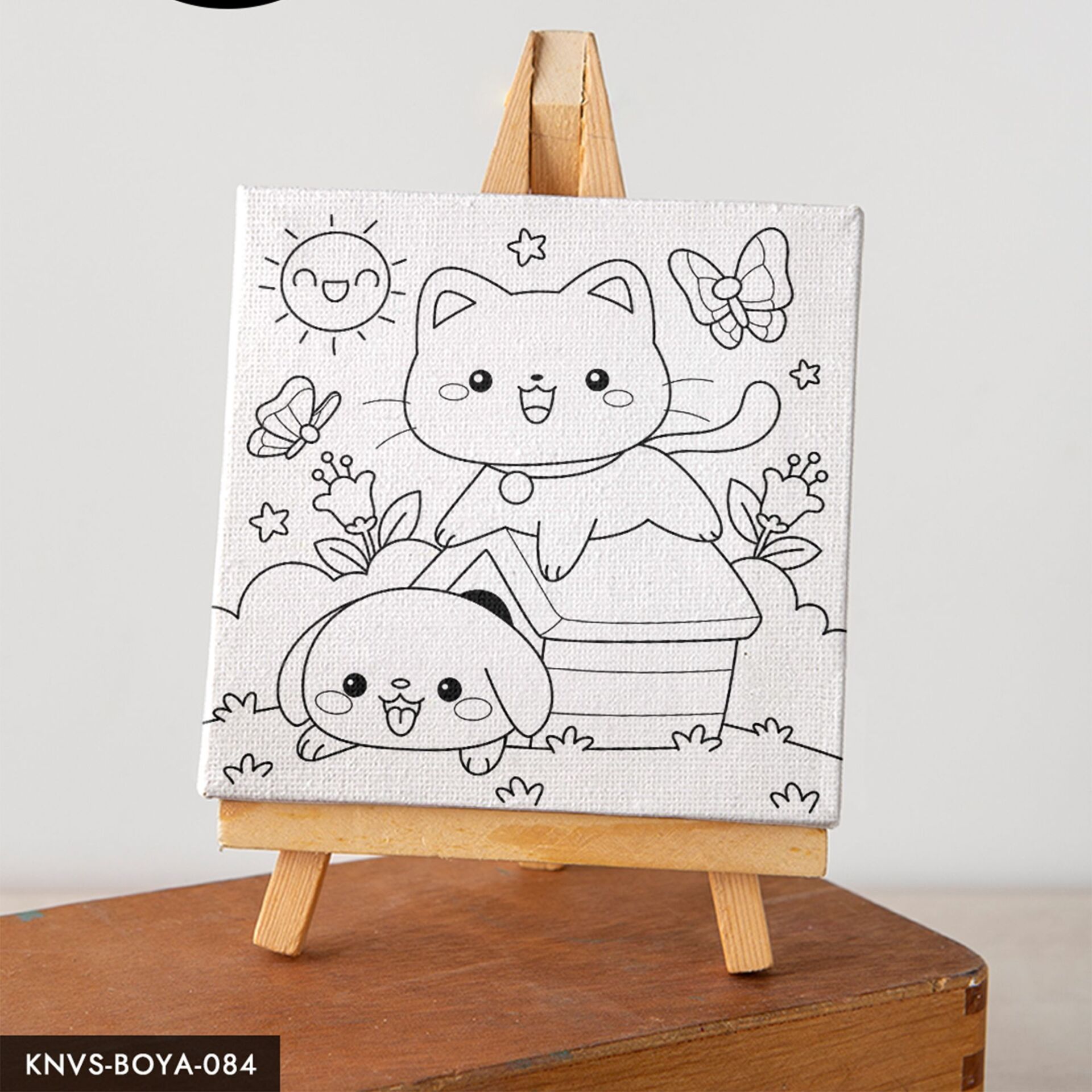 Oyun Oynayan Kedi ve Köpek Çocuklara Özel 20x20 CM Kanvas Tuval Boyama Seti Fırça Boya Dahildir