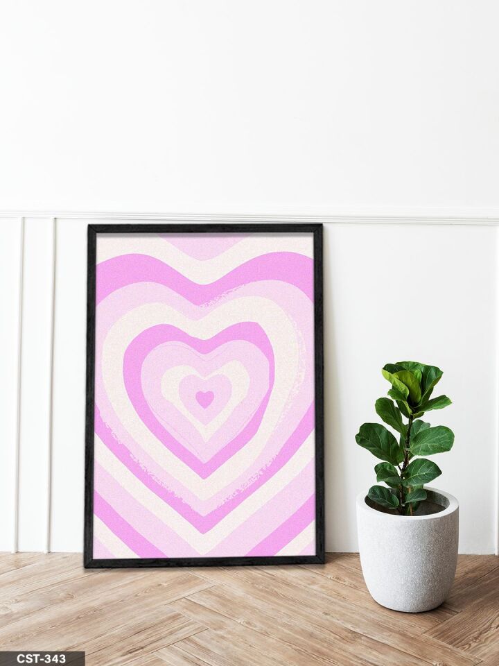 Pembe İç İçe Kalpler Tek Parça Ahşap Çerçeveli Tablo Siyah - 20 x 30 CM