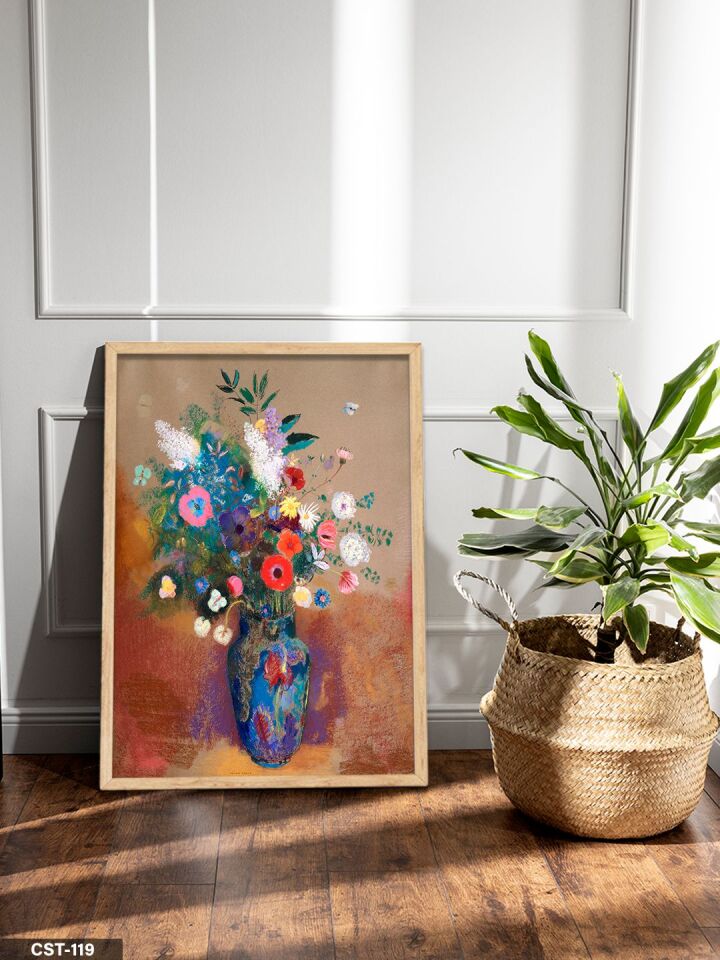 Mavi Vazo Çiçek Desen Tek Parça Ahşap Çerçeveli Tablo Naturel - 30 x 40 CM
