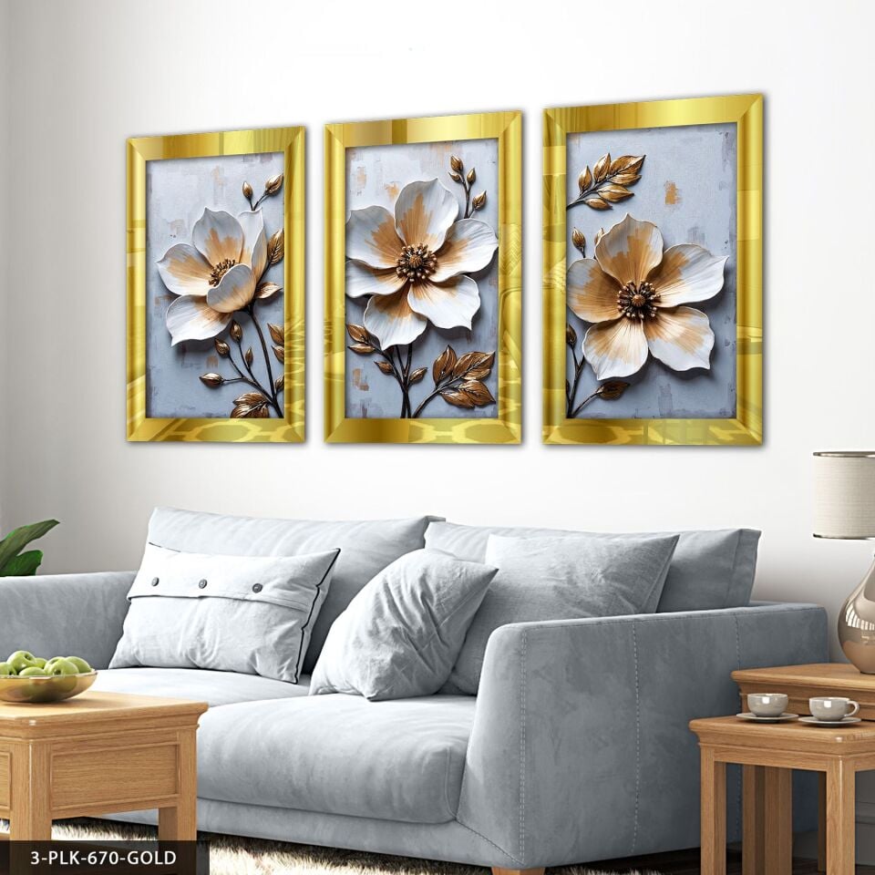 Dokulu Görünüm Beyaz Çiçek 3 Parça Pleksi Aynalı Tablo 20 x 30 CM - Gold