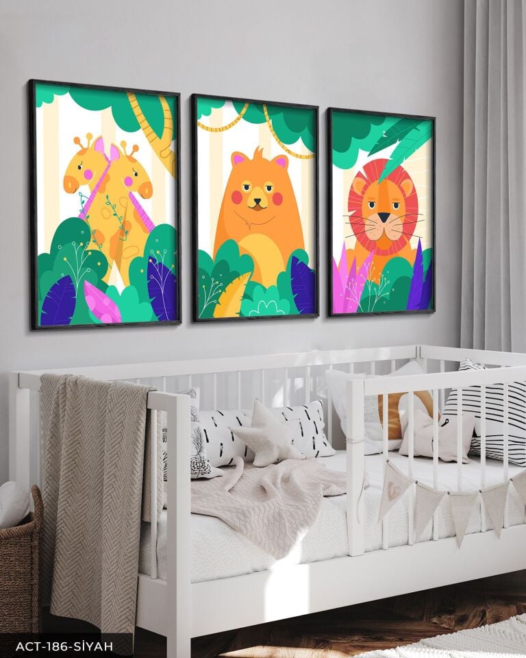 Sevimli Hayvanlar 3 Parça Ahşap Çerçeveli Tablo ACT Siyah - 50 x 70 CM