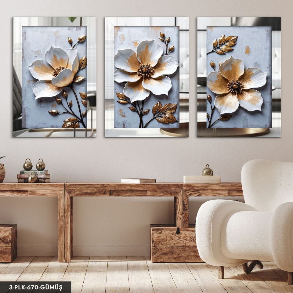 Dokulu Görünüm Beyaz Çiçek 3 Parça Pleksi Aynalı Tablo 20 x 30 CM - Gümüş