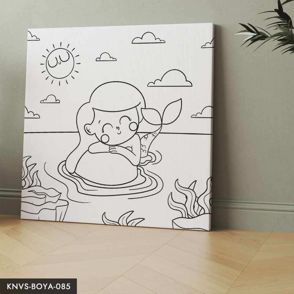 Güneşlenen Deniz Kızı Çocuklara Özel 20x20 CM Kanvas Tuval Boyama Seti Fırça Boya Dahildir