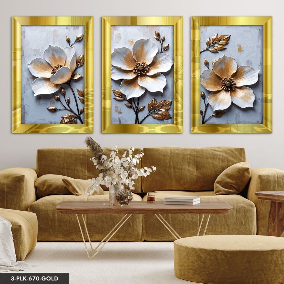 Dokulu Görünüm Beyaz Çiçek 3 Parça Pleksi Aynalı Tablo 20 x 30 CM - Gold