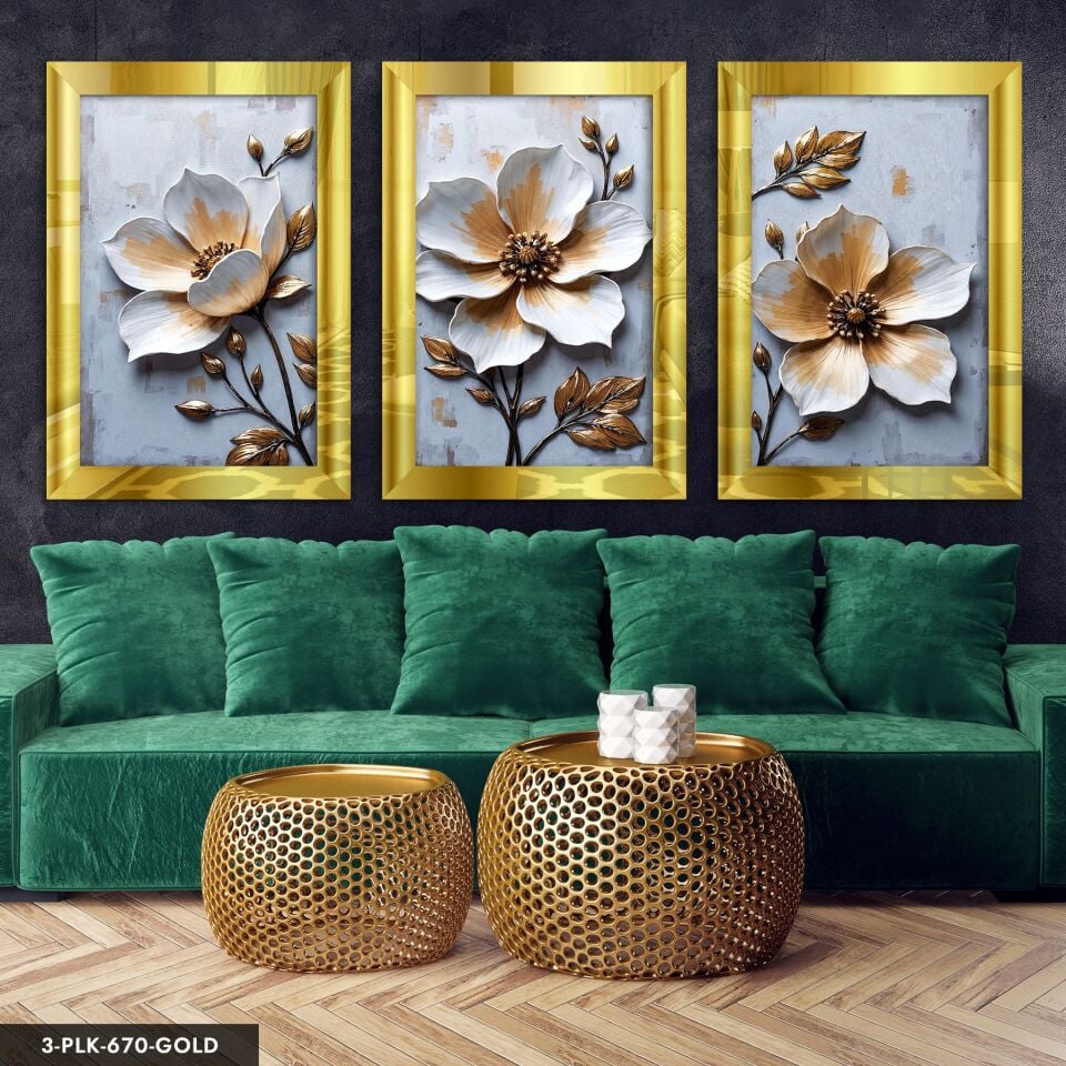 Dokulu Görünüm Beyaz Çiçek 3 Parça Pleksi Aynalı Tablo 20 x 30 CM - Gold