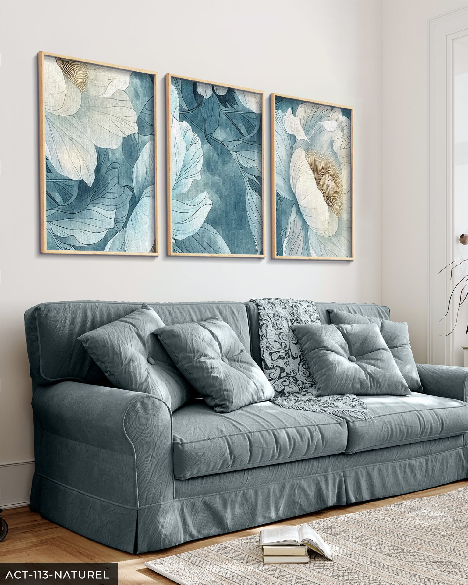 Mavi Zeminde Beyaz Çiçek 3 Parça Ahşap Çerçeveli Tablo ACT Naturel - 40 x 60 CM