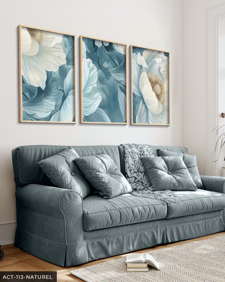 Mavi Zeminde Beyaz Çiçek 3 Parça Ahşap Çerçeveli Tablo ACT Naturel - 40 x 60 CM