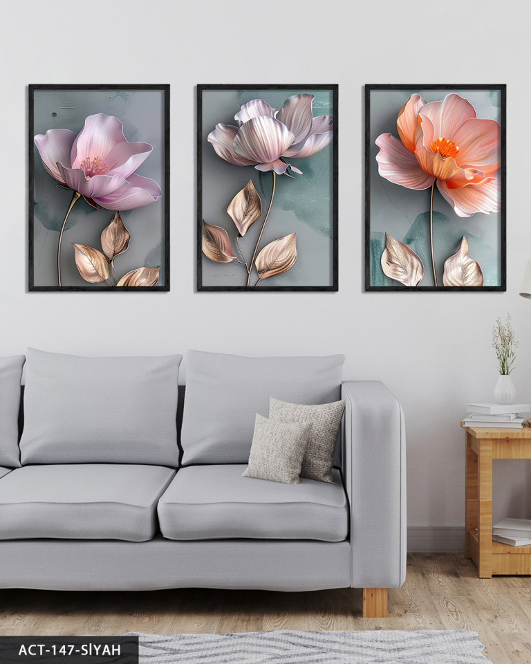 Gold Yapraklı Pembe ve Turuncu Çiçekler 3 Parça Ahşap Çerçeveli Tablo ACT Siyah - 50 x 70 CM