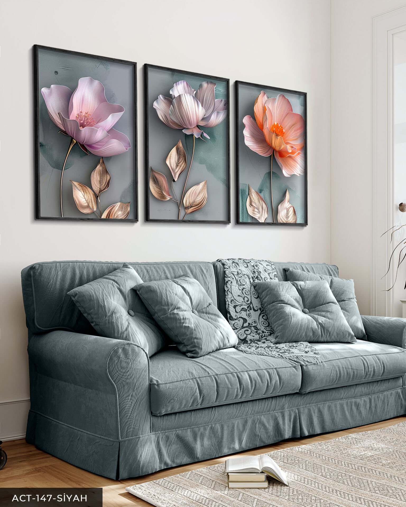 Gold Yapraklı Pembe ve Turuncu Çiçekler 3 Parça Ahşap Çerçeveli Tablo ACT Siyah - 50 x 70 CM