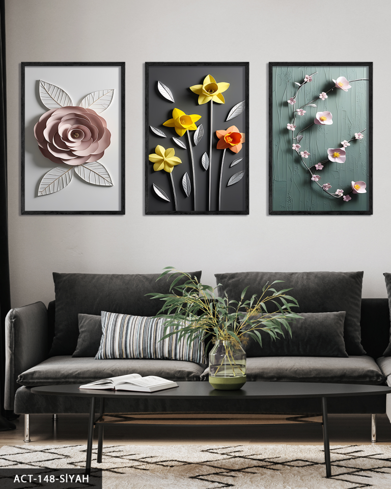 Zarif Sarı Çiçekler 3 Parça Ahşap Çerçeveli Tablo ACT Siyah - 50 x 70 CM