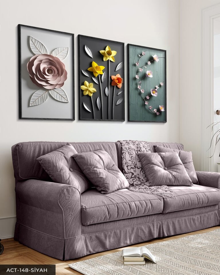 Zarif Sarı Çiçekler 3 Parça Ahşap Çerçeveli Tablo ACT Siyah - 50 x 70 CM