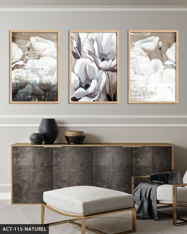 Yağlı Boya Görünümlü Beyaz Çiçek 3 Parça Ahşap Çerçeveli Tablo ACT Naturel - 40 x 60 CM