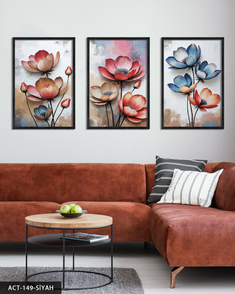 Kırmızı ve mavi Çiçekler 3 Parça Ahşap Çerçeveli Tablo ACT Siyah - 50 x 70 CM