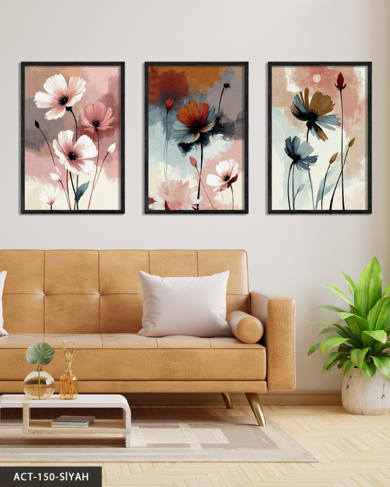 Renkli Zeminde Zarif Çiçekler 3 Parça Ahşap Çerçeveli Tablo ACT Siyah - 50 x 70 CM