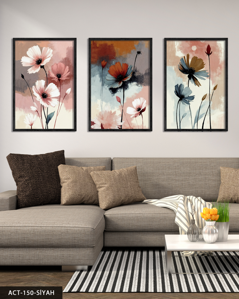 Renkli Zeminde Zarif Çiçekler 3 Parça Ahşap Çerçeveli Tablo ACT Siyah - 50 x 70 CM
