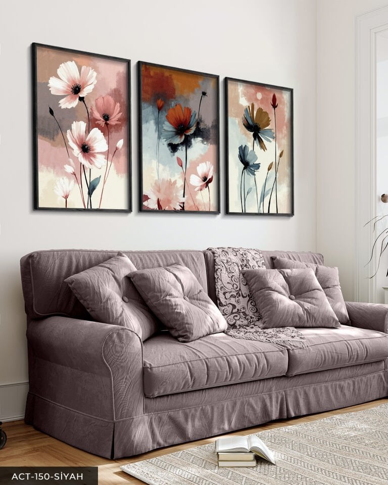 Renkli Zeminde Zarif Çiçekler 3 Parça Ahşap Çerçeveli Tablo ACT Siyah - 50 x 70 CM