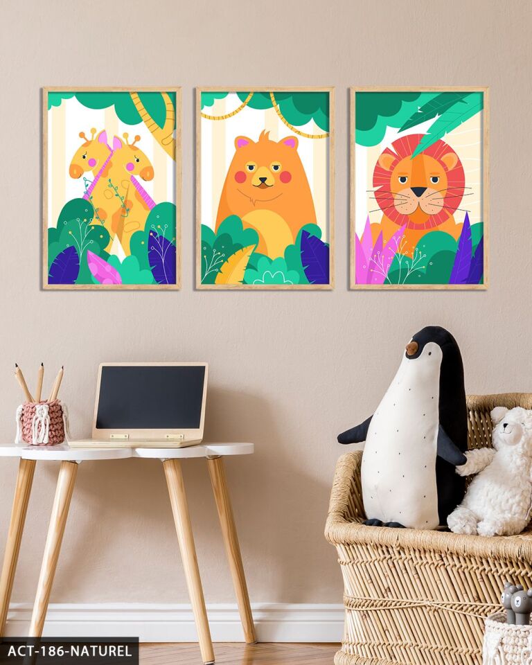 Sevimli Hayvanlar 3 Parça Ahşap Çerçeveli Tablo ACT Naturel - 50 x 70 CM