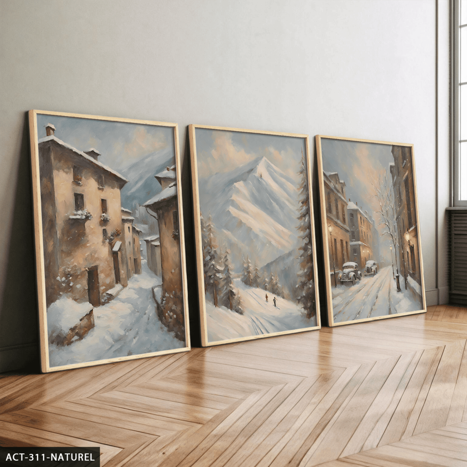 Karlı Sokak 3 Parça Ahşap Çerçeveli Tablo ACT Naturel - 30 x 40 CM
