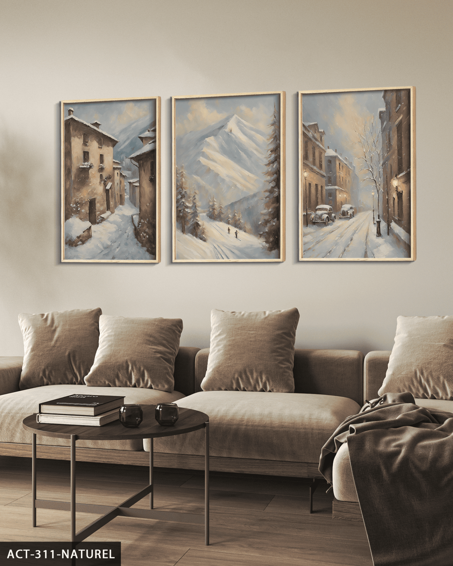 Karlı Sokak 3 Parça Ahşap Çerçeveli Tablo ACT Naturel - 30 x 40 CM