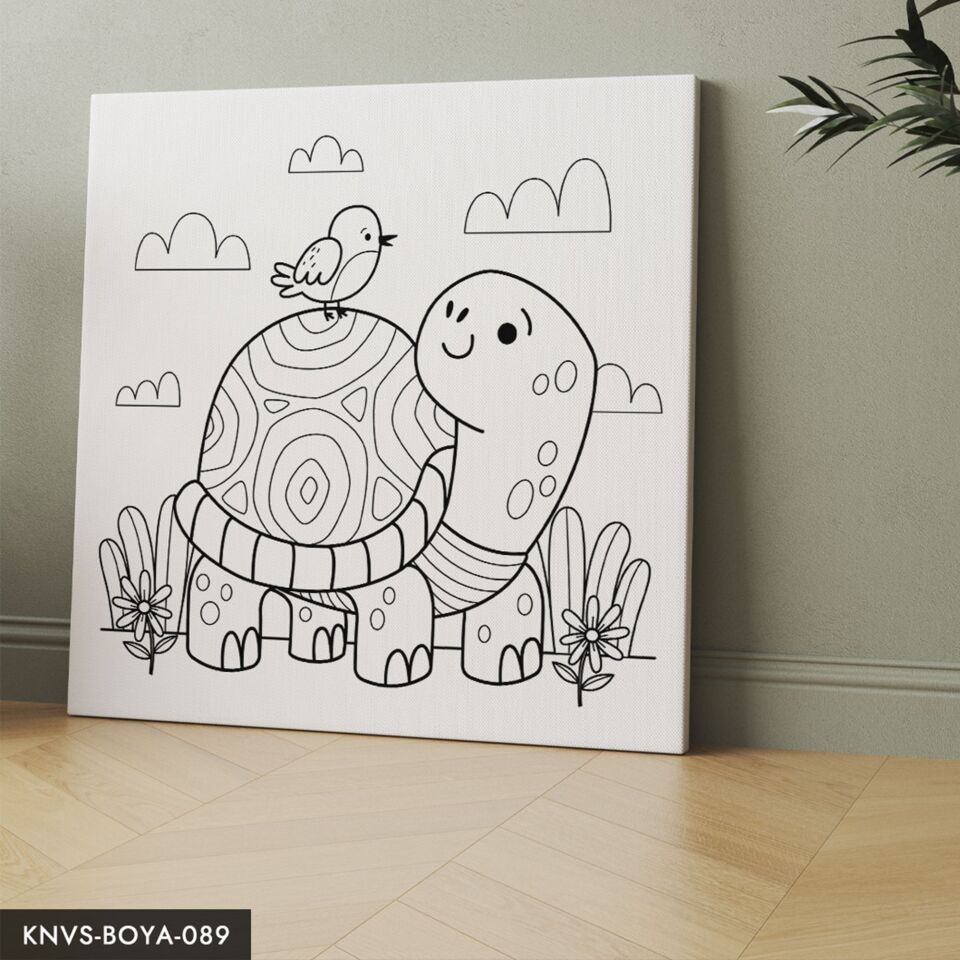 Kaplumbağa ve Kuş Çocuklara Özel 20x20 CM Kanvas Tuval Boyama Seti Fırça Boya Dahildir