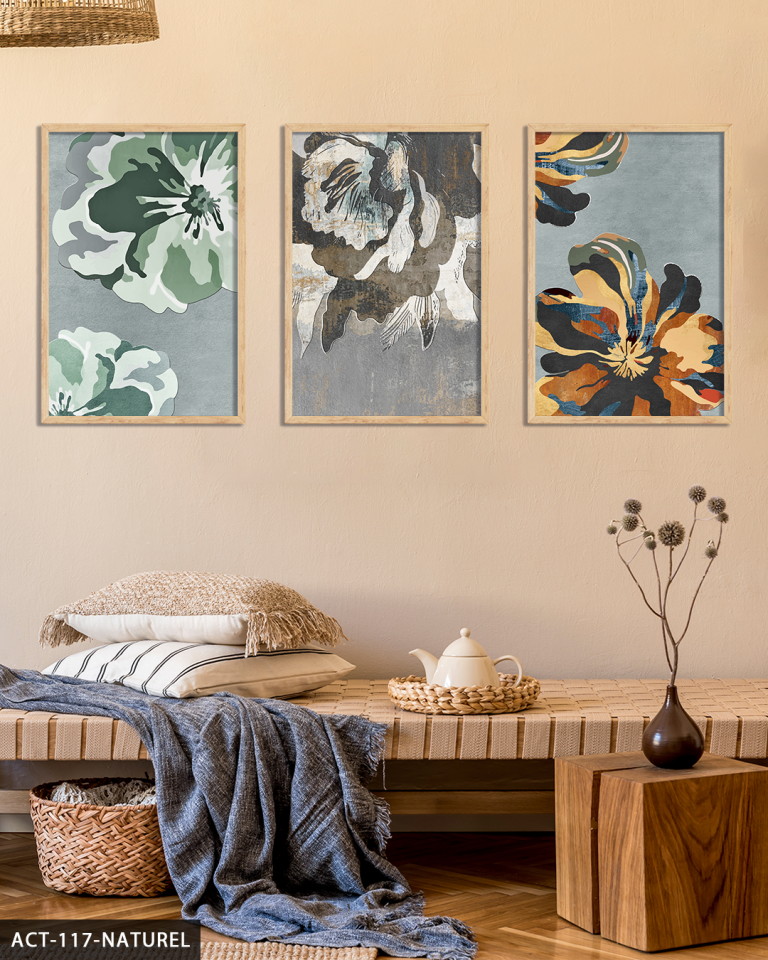 Renkli Çiçekler 3 Parça Ahşap Çerçeveli Tablo ACT Naturel - 40 x 60 CM
