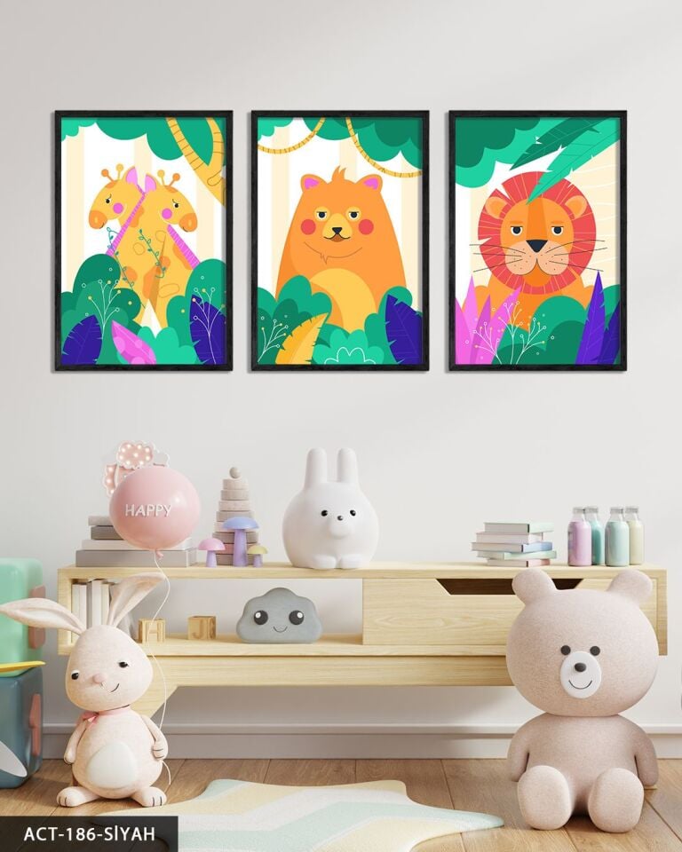 Sevimli Hayvanlar 3 Parça Ahşap Çerçeveli Tablo ACT Siyah - 20 x 30 CM