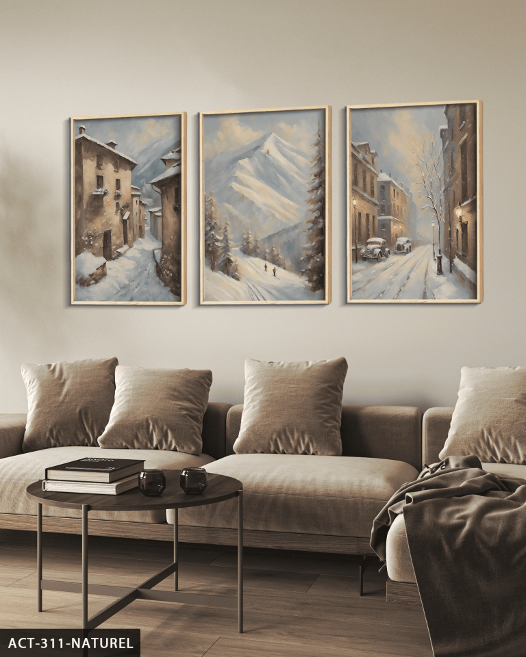 Karlı Sokak 3 Parça Ahşap Çerçeveli Tablo ACT Naturel - 40 x 60 CM