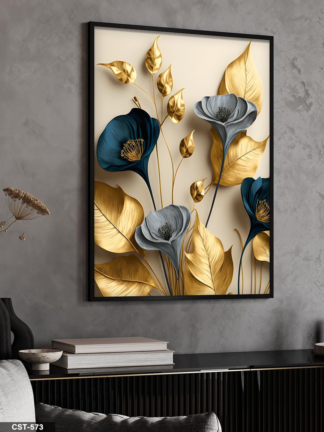 Zarif Altın Ve Mavi Çiçekler Tek Parça Ahşap Çerçeveli Tablo Siyah - 50 x 70 CM