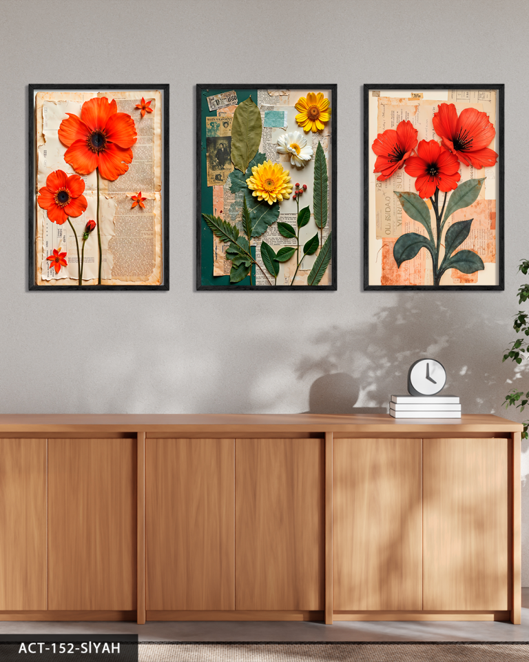Yeşil Yapraklı Kırmızı ve Sarı Çiçek 3 Parça Ahşap Çerçeveli Tablo ACT Siyah - 50 x 70 CM