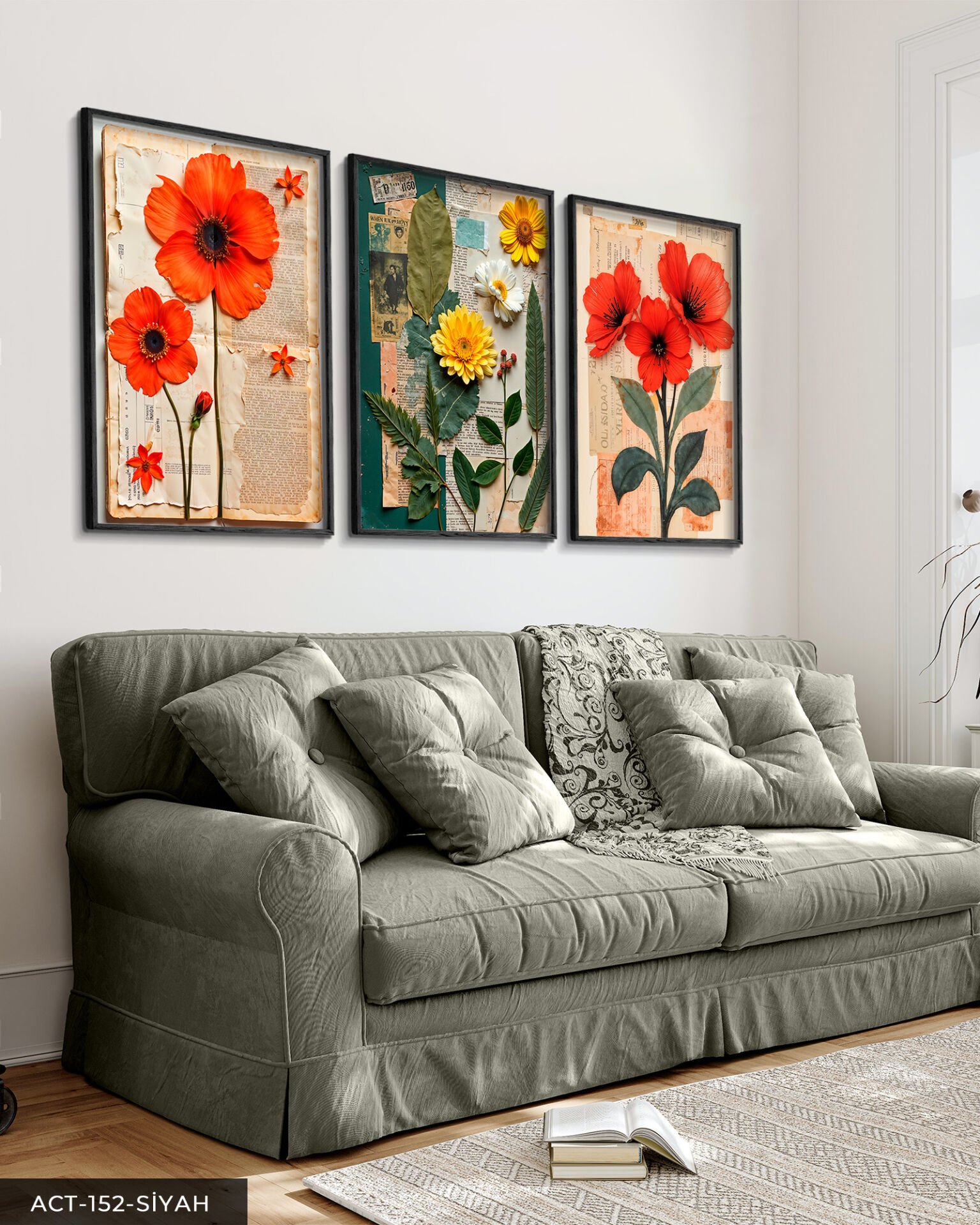 Yeşil Yapraklı Kırmızı ve Sarı Çiçek 3 Parça Ahşap Çerçeveli Tablo ACT Siyah - 50 x 70 CM