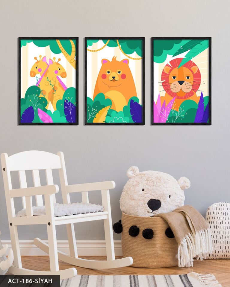 Sevimli Hayvanlar 3 Parça Ahşap Çerçeveli Tablo ACT Siyah - 30 x 40 CM