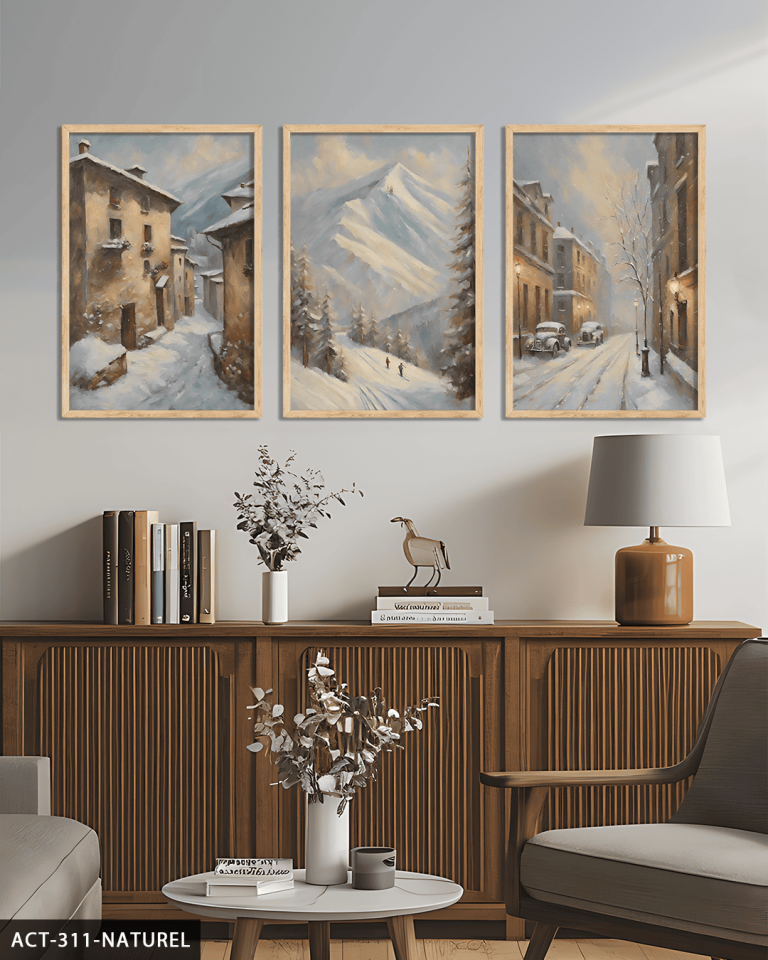 Karlı Sokak 3 Parça Ahşap Çerçeveli Tablo ACT Naturel - 50 x 70 CM