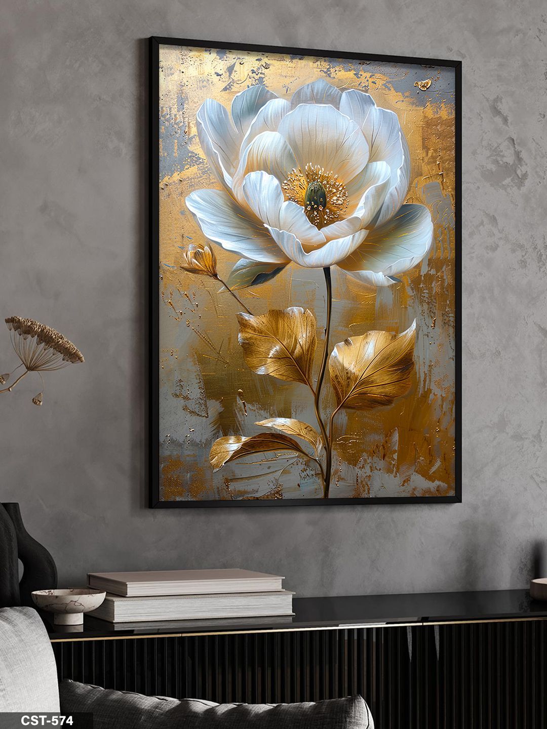 Beyaz Çiçek Tek Parça Ahşap Çerçeveli Tablo Siyah - 50 x 70 CM