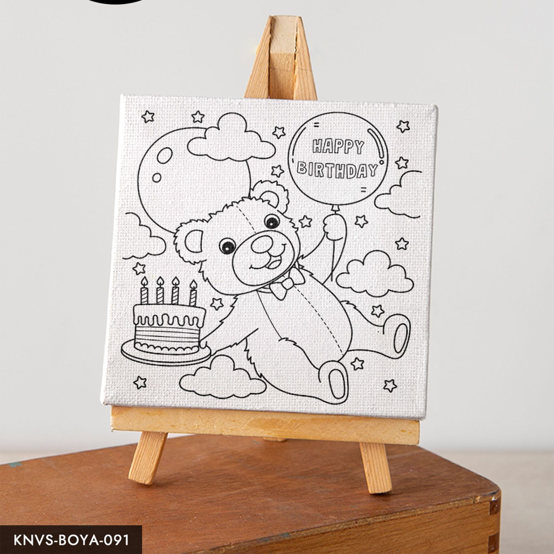 Doğum Günü Kutlayan Ayı Çocuklara Özel 20x20 CM Kanvas Tuval Boyama Seti Fırça Boya Dahildir Şövalesiz